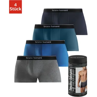 Boxer BRUNO BANANI "Boxershorts für Herren", Herren, Gr. S (4), 4 Stk., bunt (blaupetrol, navy, royalblau, grau meliert), Jersey, Obermaterial: 95% Baumwolle, 5% Elasthan, unifarben, körpernah, Unterhosen Boxer, in der Dose verpackt