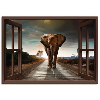 Artland Leinwandbild "Elefant auf Straße - braunes Fenster" Fensterblick 1 Stk. tlg. auf Holzrahmen gespannt, farbe bild(er): braun