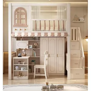 Etagenbett Bett Schreibtisch +Schrank Multifunktion Hochbett Kinderhochbett - Weiß