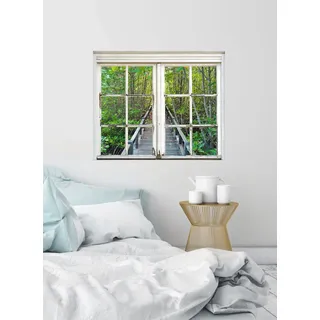 Queence "Brücke im Wald", Wandsticker, Wandbild, selbstklebend, Bäume, Wald, Brücke,