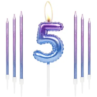 Lila blaue 5. Geburtstag Kerze, kerzen für Kuchen, bunte dünne Party-Kerzen, Happy Birthday-Zahl, Kuchen-Toppers für Mädchen und Jungen