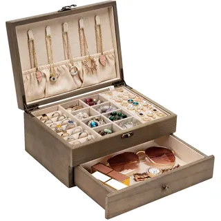 Pinzoveco Schmuckkästchen für Damen, rustikale Holz-Schmuck-Organizer-Box zur Aufbewahrung von Ohrringen, Ringen, Halsketten, Armbändern, Bauernhaus-Stil, Holz-Schmuckschatullen und Organizer (Grau)