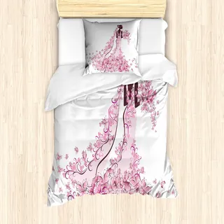 ABAKUHAUS Hochzeit Mantele, Floral-Brautkleid, Milbensicher Allergiker geeignet mit Kissenbezügen, 135 cm x 200 cm - 80 x 80 cm, Pale Pink Kastanienbraun Weiß - Rosa, Kastanienbraun, Weiß
