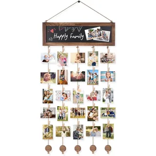 Fotovorhang mit 30 Holzklammern klein - Bilderrahmen mit Klammern und Leine Magnetschnalle Boho Deko Fotoleine, DIY Fotowand Fotogirlande Bilderrahmen, Foto Collage Wand für Wohnkultur Bilder Collagen