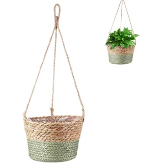 Ajxwde Hängender Pflanzkorb aus Seegras, 20cm Seegras Pflanzentopf, Blumentöpfe Hängende, Blumenampel Hängend Innen, für den Innenbereich, Hängende Pflanzgefäße für Wände und Decken(Green)