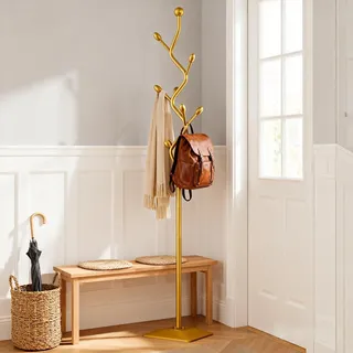 BUZUEY Garderobenständer Gold Metall – Moderner Kleiderständer Stehend in Baumform, Freistehende Design Standgarderobe mit Mehreren Haken für Flur, Schlafzimmer & Büro