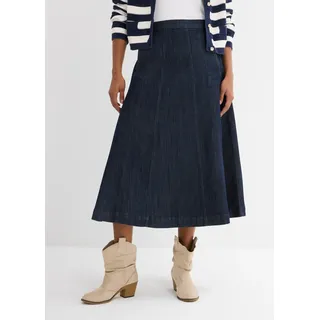 bonprix Jeansrock aus elastischem Material, ausgestellte Passform, Midi-Länge, tiefblau denim ungewaschen (länge: regulär)