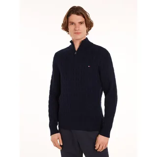 Strickpullover TOMMY HILFIGER "CLASSIC COTTON CABLE ZIP MOCK", Herren, Gr. XL, blau (desert sky), Strick, Obermaterial: 100% Baumwolle, regular fit, Rippbündchen, Pullover Strickpullover, mit modischem Zopfmuster