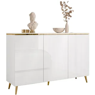 Lookway Kommode Aurora 3D Weiß / Weiß hochglanz mit schräge Goldchrom Fuße , Weiß Hochglanz , Holzwerkstoff , Uni , Rechteckig , rund , 140x90x40 cm , Kleinmöbel, Kommoden, Kommoden