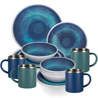 Melamin Geschirr Set Jesolo Blau Edelstahl Thermo Tassen Camping Picknick