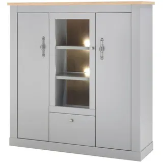 Furn.Design Highboard grau, Artisan Eiche Landhaus 138 cm, Vitrine mit 11 Fächern , Metall , Nachbildung,Eiche , Uni, Holz Optik , Sockel , 138x142x44 cm , Kleinmöbel, Kommoden, Highboards