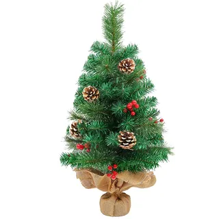 himaly 60 cm/2ft Künstlicher Tisch Mini Weihnachtsbaum mit Tannenzapfen, Roten Beeren, Grün Kiefernblattblätter 70 Spitzen, Leinen-Baumwolle und Zementbasis für Weihnachtsdekorationen