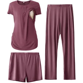 SUNNYBUY Damen Umstandsmode Stillpyjama-Set, Kurzarm-Stillshirts, Schwangerschafts-Shorts und Hosen, 3-teiliges Stillpyjama-Set, Dunkelrot L