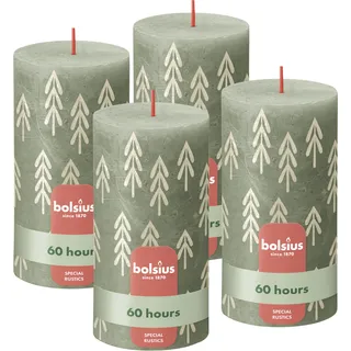 Bolsius Rustikale Stumpenkerzen Silhouette - Grün mit Aufdruck - 4 Stück - 13 x 7 cm - Lange Brenndauer - Haushaltskerze - Enthält Natürliches Pflanzenwachs - Ohne Palmöl