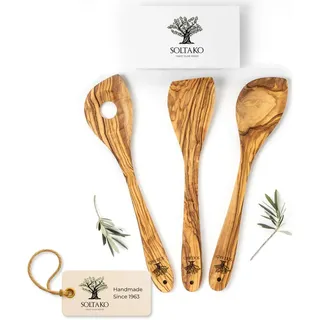 SOLTAKO Olivenholz Küchenutensilien 3er Set "The Sardinian Chef", Kochlöffel, Pfannenwender, Salatbesteck aus Oliven Holz