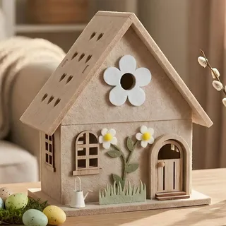 Dekofigur "Haus" aus Filz, beige, 24 cm hoch, Filzhaus, Dekohaus, Frühlingsdeko, Deko-Häuschen - Beige