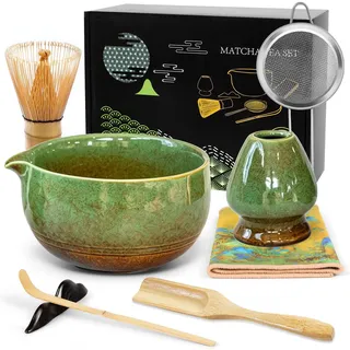 Matcha Set 8-teiliges Premium Tea Set mit Schale mit Ausgießer & Bambus-Chasen (100 Spitzen), Halter, Löffel, Sieb, Tuch – Japanisches Matcha Kit, zeremonielles Starter Set für Matcha-Liebhaber (Grün)
