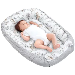 Medi Partners Babynest Nestchen für Neugeborene - 100x60x15 Babynestchen Baby zweiseitg Nest Bett 100% Baumwolle Waffel Kuschelnest tragbar (Hirsch in Blättern mit grauem Waffel)