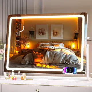 Hasipu Schminkspiegel mit Beleuchtung 100 x 72 cm, LED Kosmetikspiegel mit Handyhalterung und USB-Ladeanschluss, 360° Drehung Tischspiegel für Make-up Rund Weiß