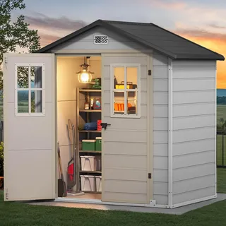 YITAHOME Klein Gartenhaus Kunststoff 183x135x208,Fahrradgarage,Greige Grau | Gerätehaus mit Boden|abschliessbar|UV-bestaendig|Wetterfest|Schrägdach|Garten Werkzeug Aufbewahrung|Gartenmöbel Unterstand