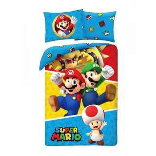 Halantex Bettwäsche-Set Super Mario mit Luigi Toad Bowser – Bettbezug 140 x 200 cm mit Kissenbezug 70 x 90 cm – 100 % Baumwolle, mehrfarbig