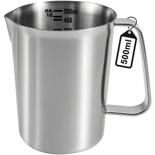 WPPQWP Messbecher 0.5L Edelstahl, Messbecher Metall Mit Griff, Lebensmittelqualität 304 Edelstah, Mit Unzen- Und Ml-Skala, Spülmaschinenfest, Milchkännchen, Kaffeekanne, Eiskübel, Silber (500ML)