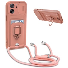 xinyunew Schiebe Kameraschutz Silikon Handykette Hülle kompatibel mit Xiaomi 13T/Xiaomi 13T Pro, Metall Ring Halter Handy Cover,Verstellbarer Halskette Handyhülle Redmi K60 Ultra-Pink