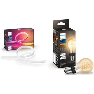 Philips Hue Gradient Ambiance LED Lightstrip 2m Basis, Weiß, 929002994901 & White E27 Filament A60 550lm, warmweißes Licht, dimmbar, steuerbar via App, kompatibel mit Amazon Alexa (Echo, Echo Dot)