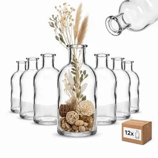 gouveo 12er Set Glasvase 100 ml Apo100 rund (0,10 l) ohne Deckel – Mini-Dekovasen aus Klarglas für Trockenblumen, Tischdeko, Hochzeit – Bottle-Design (AVTR100)