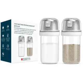 KTCHENDAO 2 in 1 Glas Salz und Pfefferstreuer mit seitlichem Ausgießer, Salzstreuer mit Deckel, Eingebauter Deckel zur Verlangsamung der Feuchtigkeit mit Messmarkierungen, BPA-frei, 4oz (weiß)