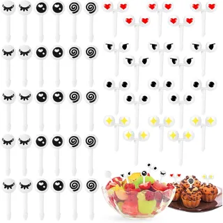 50 Stück Cartoon Obst Gabeln - Kinder Obstgabeln mit Mini Augen Karikatur Ausdruck - Frucht für Kinder - Bento Tiere Food Picks - Wiederverwendbare Plastik Obst Gabeln