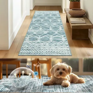 TOPICK Läufer Flur Waschbar Boho Eingangsbereich Marokkanischer Niedrigfloriger Geometrischer Fleckenabweisend, rutschfest Ultradünner für Küche Bauernhaus Badezimmer Tür 60x150(cm) Blau