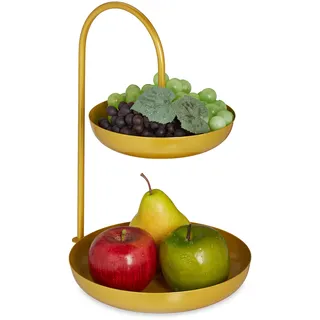Relaxdays Obst Etagere, 2 stöckig, Metall, HxBxT: 31 x 23 x 20 cm, runde Früchteschale für Obst, Gemüse & Kekse, Gold