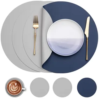 Myir JUN Tischsets 4er Set, Tischsets Abwaschbar Platzsets Rund Ø 38cm Platzdeckchen Rund Doppelseitigen rutschfest Platzsets Kunstleder Leder Tischset Lederoptik (Hellgrau Blau, 4er Set)