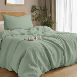 Dreamzie Musselin Bettwäsche 135x200 cm aus 100% Baumwolle – Bettwäsche Set mit 1 Bettbezug und 1 Kissenbezug 80x80 cm – Oeko-Tex Bettwäsche mit Reißverschluss – Grün