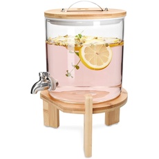 Navaris 5L Getränkespender mit Zapfhahn aus Edelstahl - Glas Wasserspender mit Stand aus Bambus Holz - Spender aus hitzebeständigem Borosilikatglas