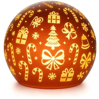 mucHome Deko Kugel LED Licht Gold mit Timer Weihnachtskugel rot/Gold 10cm, mit 10 warmweiße LEDs Weihnachtsmotive Weihnachten aus hochwertigem Glas
