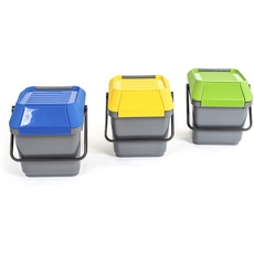 Mattiussi Ecologia EASYMAX: Platzsparende stapelbare Abfalleimer Mülleimer für Mülltrennung, je 35 Liter, 3 Stücke (grau mit gelben blauen und grünen Deckeln)