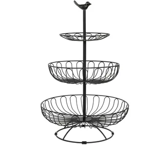 Auroni - Filigrane Obst Etagere -3 stöckig - D = 30 cm - H = 47 cm - Obstkorb - Obstschale - für mehr Platz auf der Küchen - Arbeitsplatte - dekorativ - mit Vogel