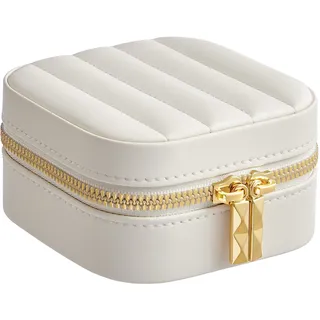 SONGMICS HOME ANAH Kollektion - Schmuckkästchen Reise, Schmuckbox klein, Schmuckaufbewahrung mit Spiegel, 10,5 x 10,5 x 6 cm, PU mit Nähten, Reißverschluss, Geschenkidee, wolkenweiß JBC179W01