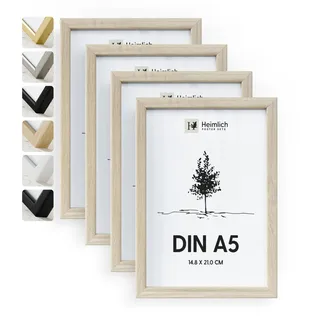 Heimlich® - Bilderrahmen - A5 14,8 x 21 cm, Ayous-Holz, Eichenfarbe, 4er-Pack – Diplom-Poster-Collage-Rahmen mit Kunststoffabdeckung – Wandmontage oder Tischaufsteller