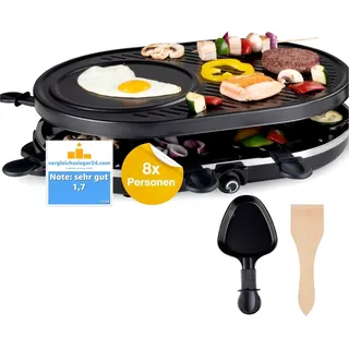 8 Personen Set Raclette Grill oval - Mit Grillplatte & Crepes Funktion - Tischgrill inkl. Pfännchen & Schaber