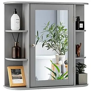 Generisch FANTASK Badezimmerschrank Spiegelschrank Bad, 4 Fächer & 6 offene Ablagen, Spiegelschrank mit Spiegel, Badschrank hängend, Badezimmer Hängeschrank, Holz, 66 x 17 x 63cm (Grau)