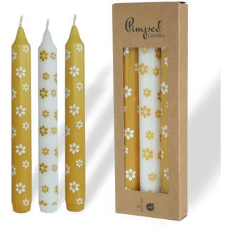 COMFORDER Stabkerzen Set bedruckt, 3x Tafelkerzen mit Motiven – kleine Blumen, 20cm, 7 Stunden Brenndauer (Gelb + Weiß)
