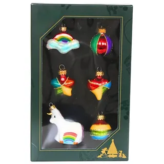 Dekohelden24 Lauschaer Christbaumschmuck - 6er Set Christbaumkugeln Lauscha, Glaskugeln, Glasornamente Einhorn - Baumschmuck zum Adventskalender befüllen, aus Lauscha, Größe: 3,5 cm je Ornament.