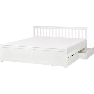 BELIANI Doppelbett Weiß Kiefernholz mit Lattenrost 180 x 200 cm 2 Schubladen Fußteil Hohes Kopfteil Schlicht Modern Skandi Design Schlafzimmer Holzbett - Weiß