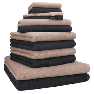 Betz Berlin Handtuch-Set 12-teilig – 100% Baumwolle – Oeko-TEX® Zertifiziert – 360g / m2 Grammatur – Duschtücher, Handtücher, Gästetücher & Waschhandschuhe Farbe Cappuccino - Graphit