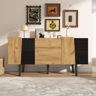 Flieks Sideboard Küchenschrank, TV-Schrank mit Stauraum für 60"-Fernseher, Medienkonsolen für Küche Esszimmer Wohnzimmer, Schwarz + Natural - Schwarz, Naturbelassen