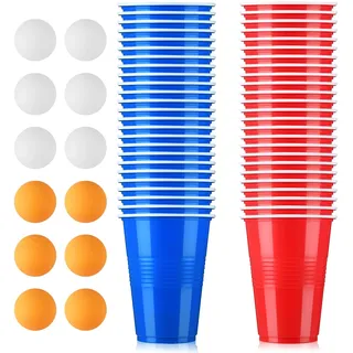 50 Stück Bierpong Becher Set, 500ML Beer Pong Becher, Wiederverwendbare Beerpongbecher mit 12 Tischtennisbälle für Party Trinkspiele, Party Geburtstag Festivals Hochzeit Camping - Rot&Blau
