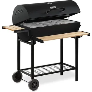 Holzkohle Grillwagen mit Deckel | ? 80 x (L) 42 cm | Premium Holzkohlegrillwagen fahrbar, inkl. Thermometer, Warmhalterost, Holz Ablagen | Smoker, Holzkohlegrill, Barbecue Grill, Holz Grill - Schwarz